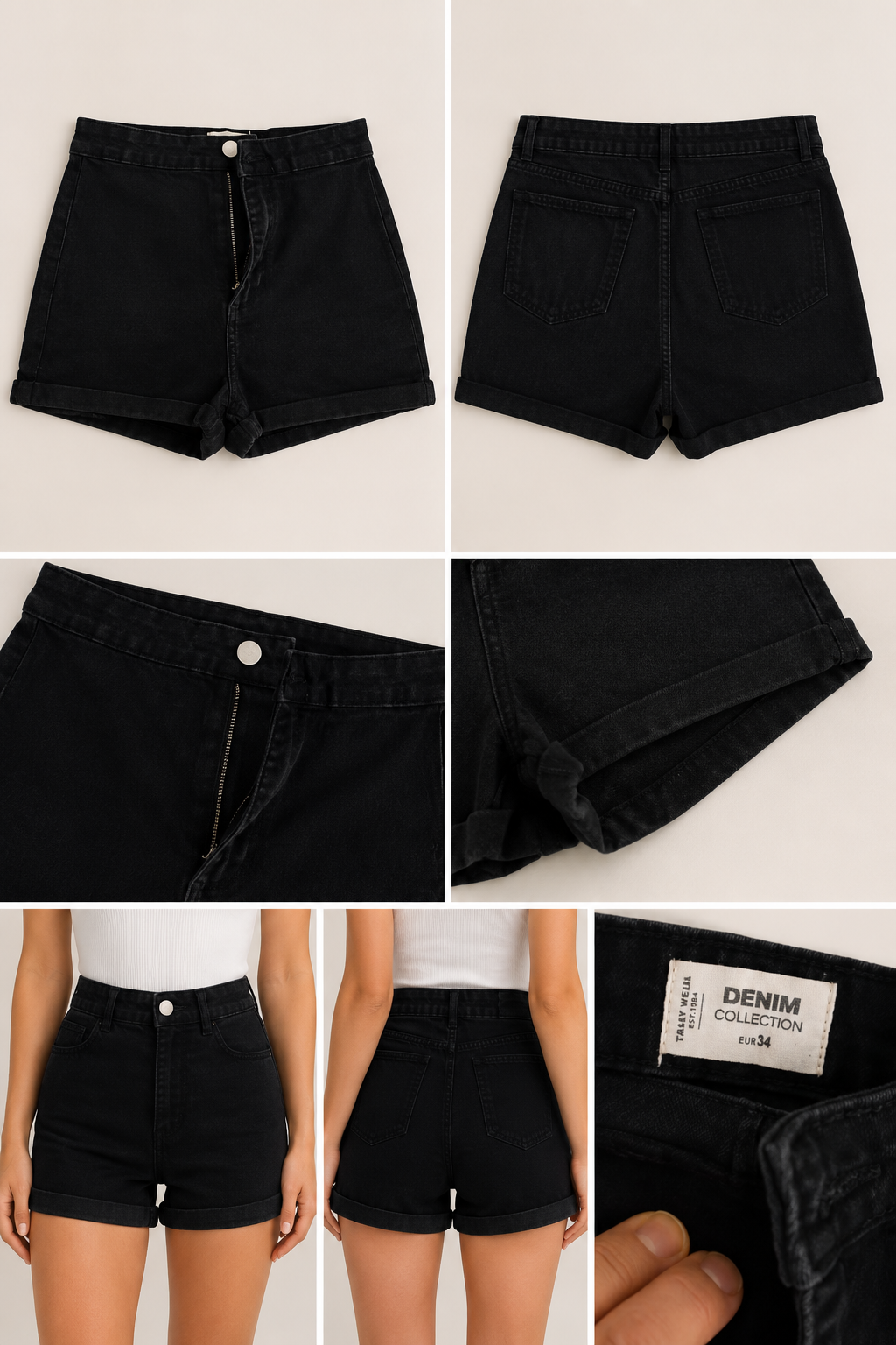 Calções de Ganga Pretos Denim Collection – Tamanho 34 (XS)