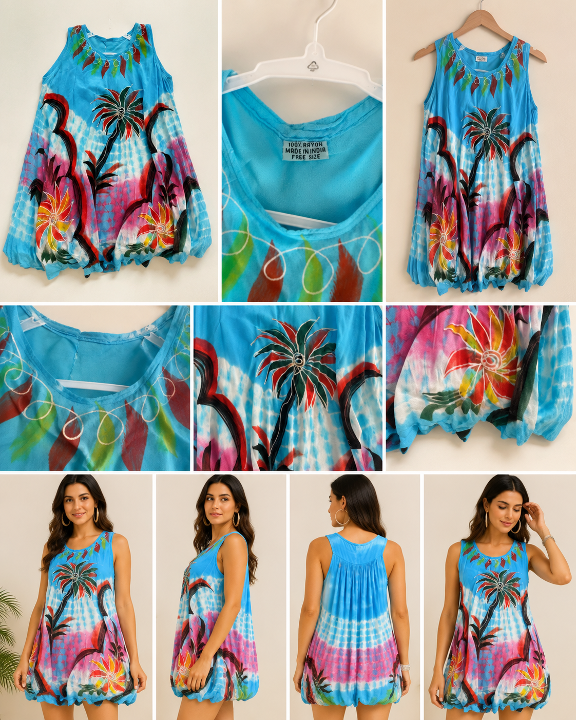 Vestido Túnica Fluido Estampado Tropical – Azul Turquesa (Tamanho Único)