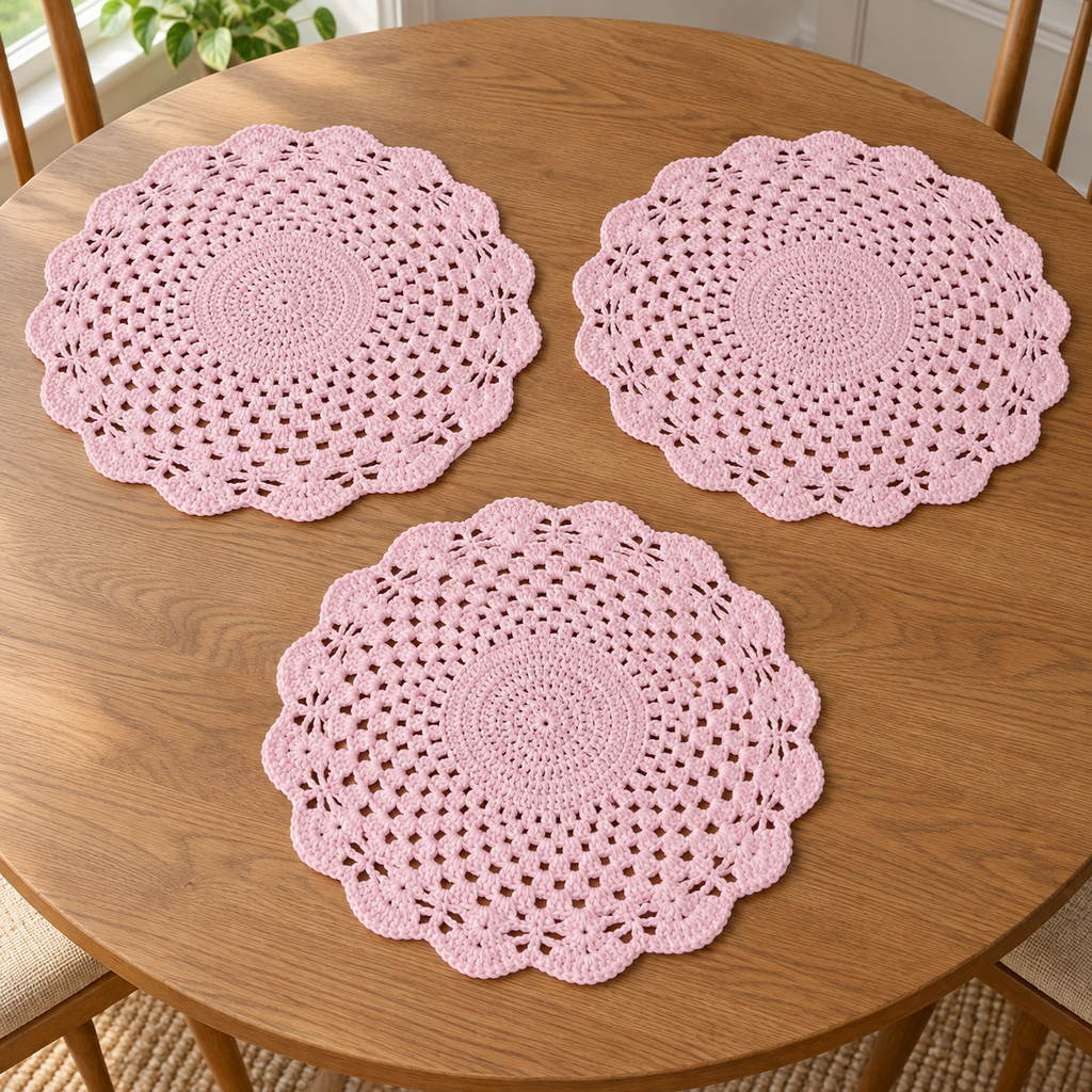 Conjunto de 3 Individuais Redondos em Croché | Rosa-Claro