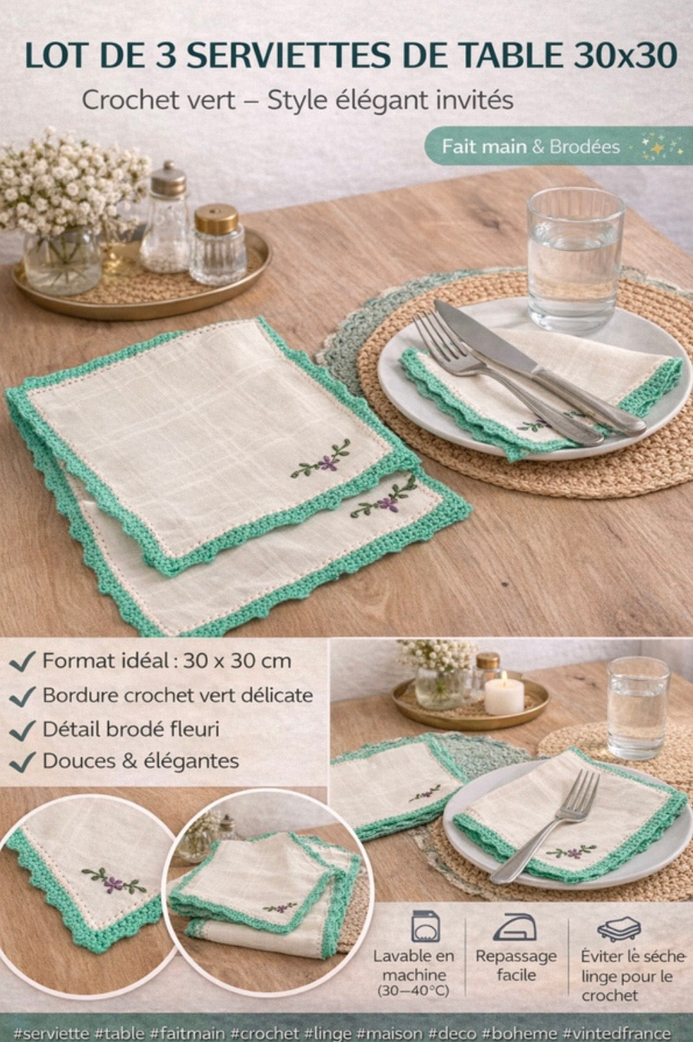 Green Crochet Table Napkins x3 – 30x30 cm