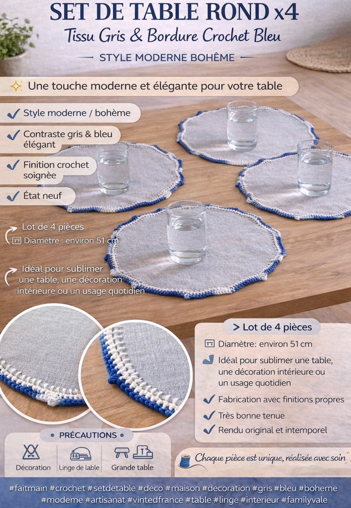 Set of Round Placemats x4 – Grey Fabric & Blue Crochet Border