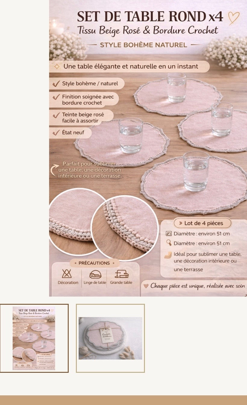 Round Table Set x4 – Rosy Beige Fabric & Crochet Trim
