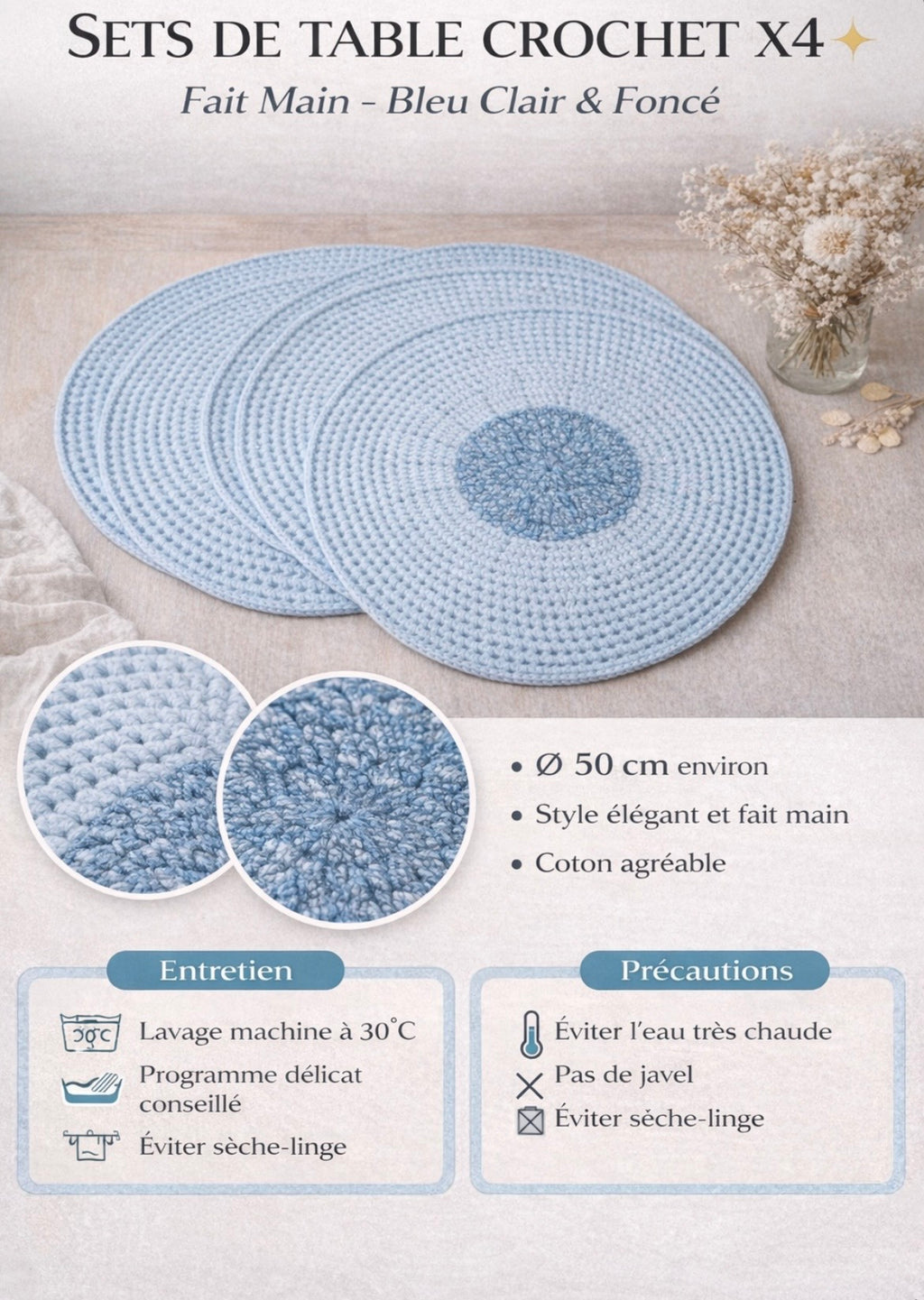Round Crochet Table Mat Set x4 – Light & Dark Blue