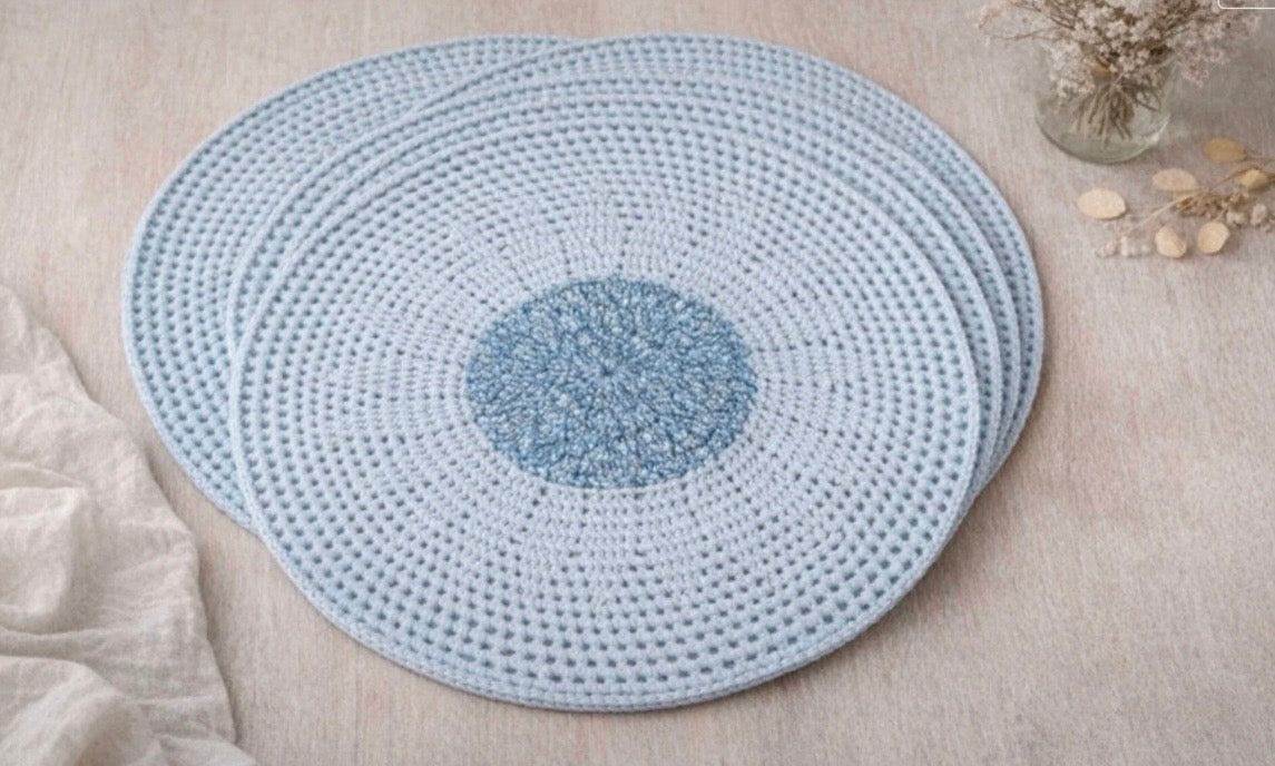 Round Crochet Table Mat Set x4 – Light & Dark Blue