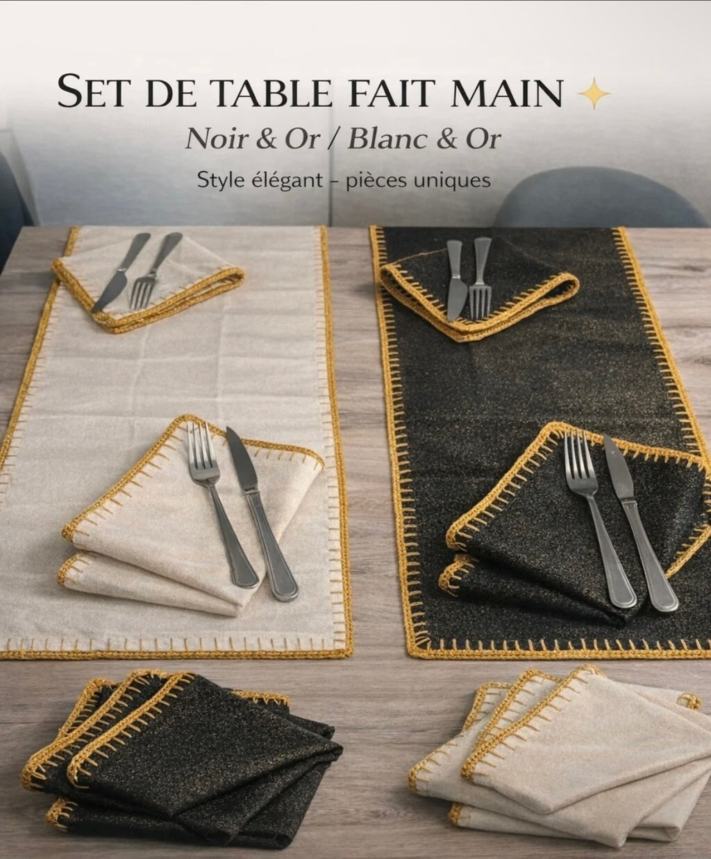 Set de Mesa Completo Feito à Mão – Branco & Ouro