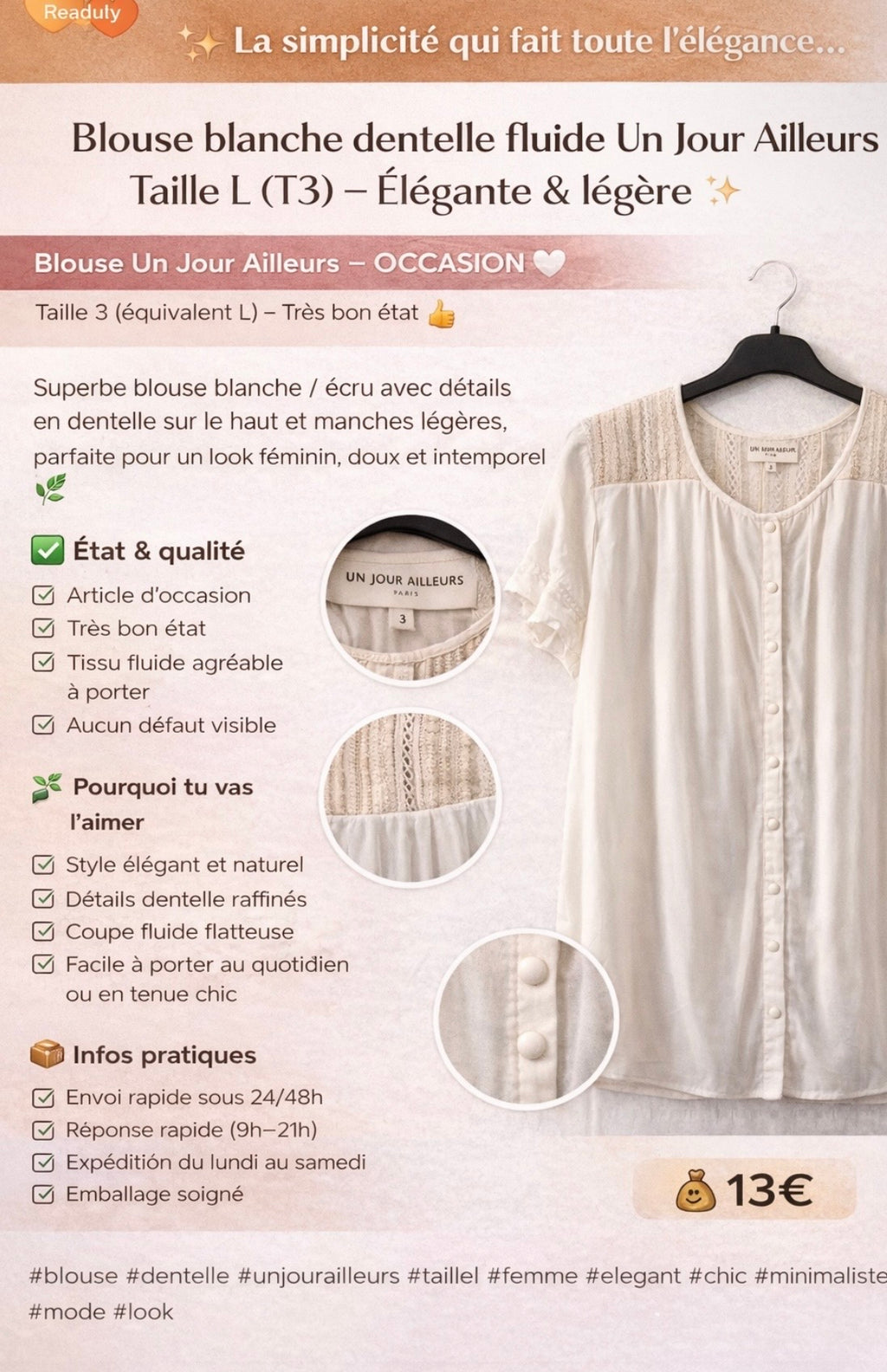 White Fluid Lace Blouse Un Jour Ailleurs – Size L