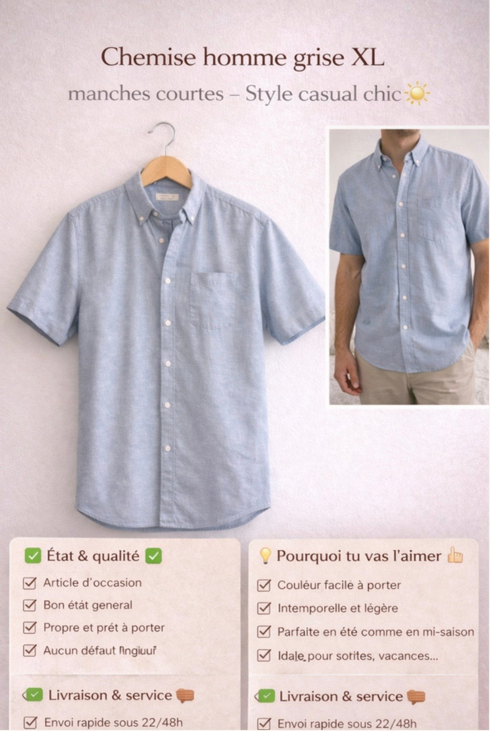 Camisa Cinza XL Mangas Curtas – Casual Chic