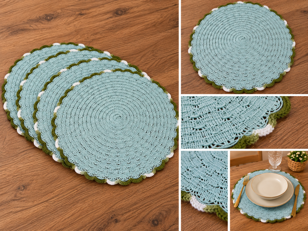 Montagem ilustrativa de quatro bases de mesa de croché verde-água, verde-oliva e branco