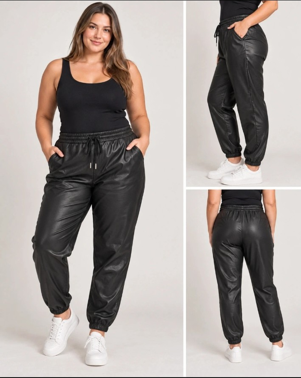 Calças jogger preto XXL/XXXL vestidas, frente, lado e costas