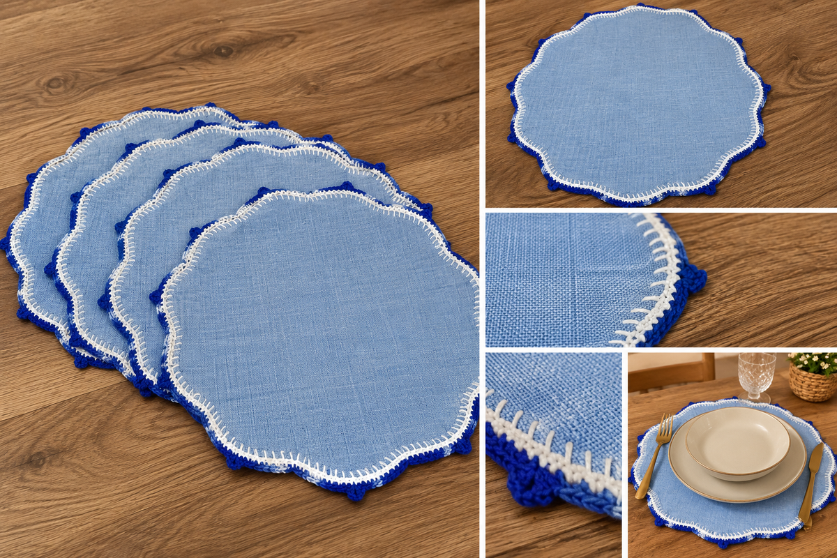 Apresentação do conjunto de 4 bases de mesa azuis com croché branco e azul-escuro