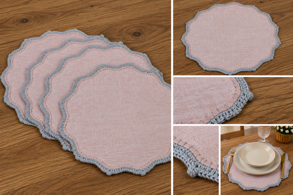 Montagem de apresentação do conjunto de 4 bases de mesa rosa-pálido e croché cinzento FamilyVale