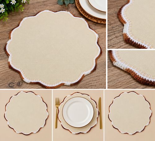 Montagem ilustrativa da base de mesa em tecido creme com bordadura croché branco e castanho