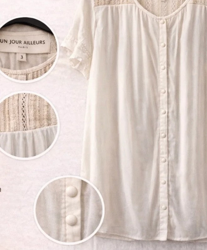Segunda Mão | Blusa branca renda fluida Un Jour Ailleurs – tamanho L – detalhe
