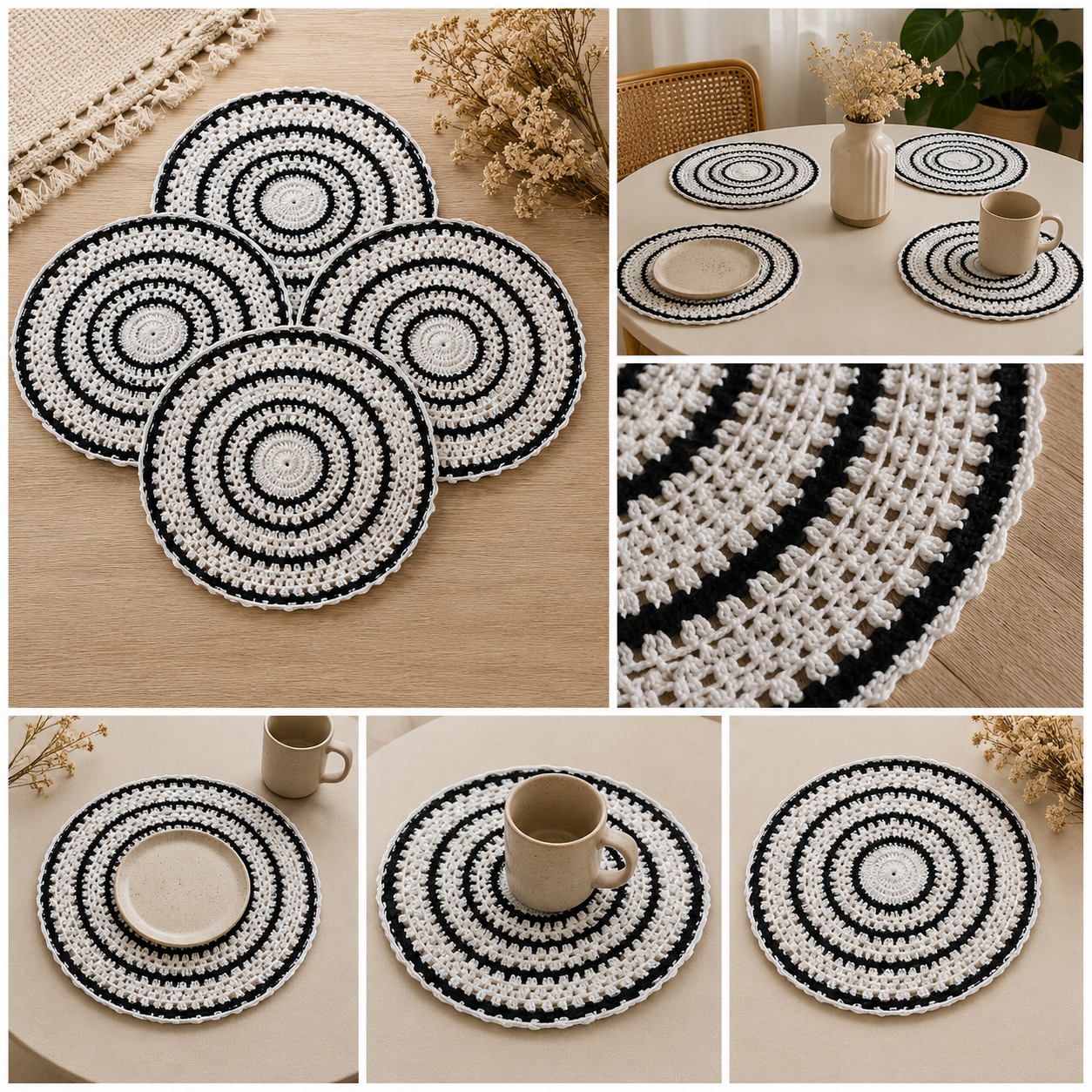 Set of 4 Black & White Crochet Table Mats