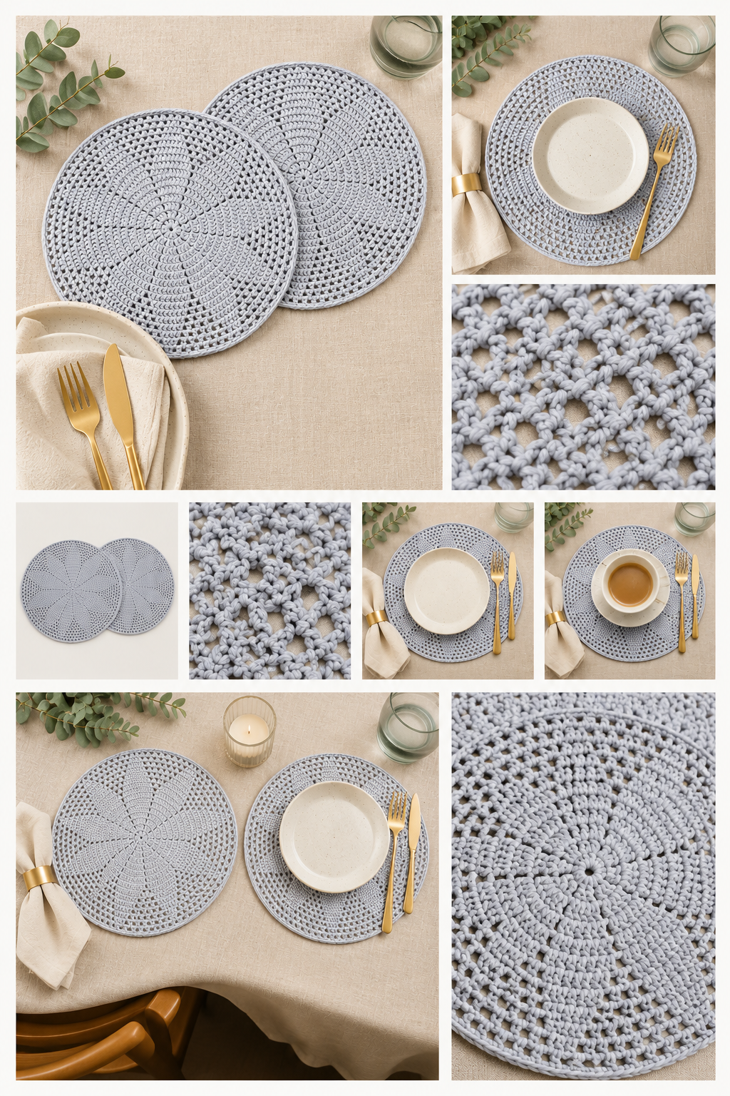 Round Crochet Table Mat x2 - Light Blue